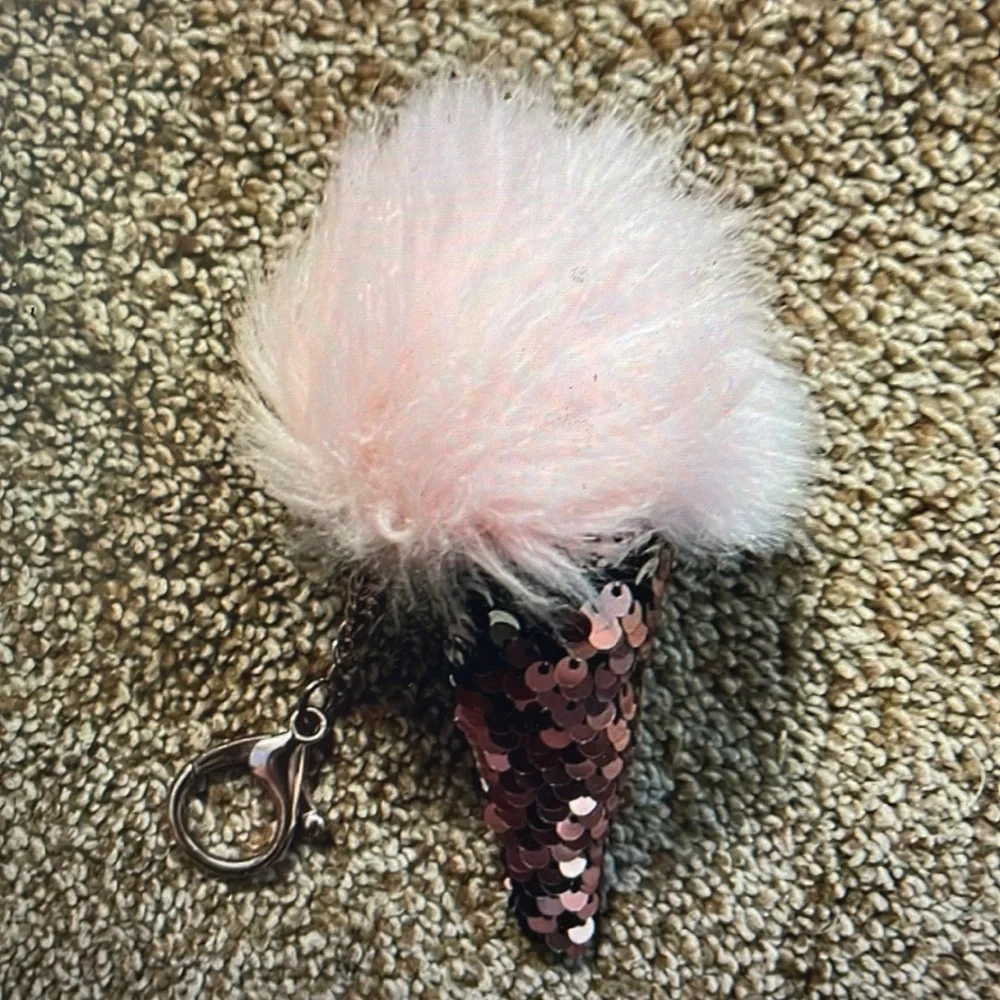 Posh Poms Fuzzy Pink Sequin Ice Cream Cone purse clip
